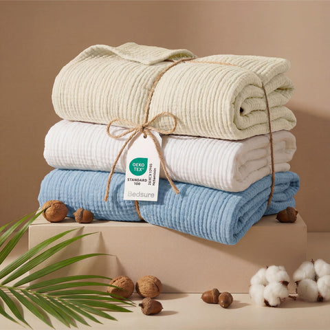 Bedsure muslin blanket casual texture and delicate stitching for cozy decor.