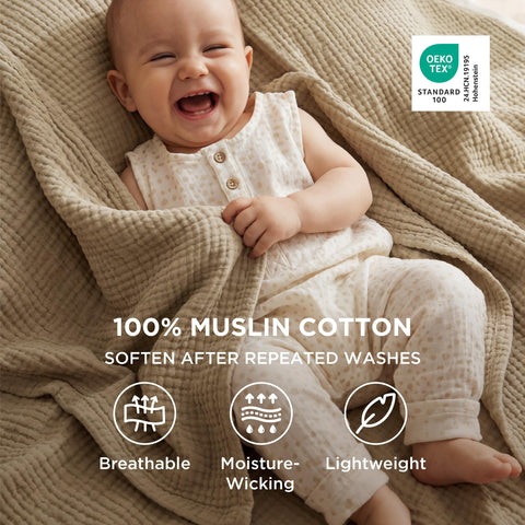 Bedsure muslin blanket in light brown on sofa adds casual decor and comfort.