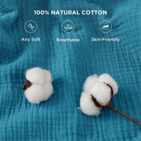 Bedsure muslin blanket teal close-up reveals soft, smooth texture.