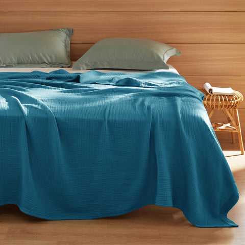 Bedsure muslin blanket teal layered drape demonstrates moisture-wicking comfort.