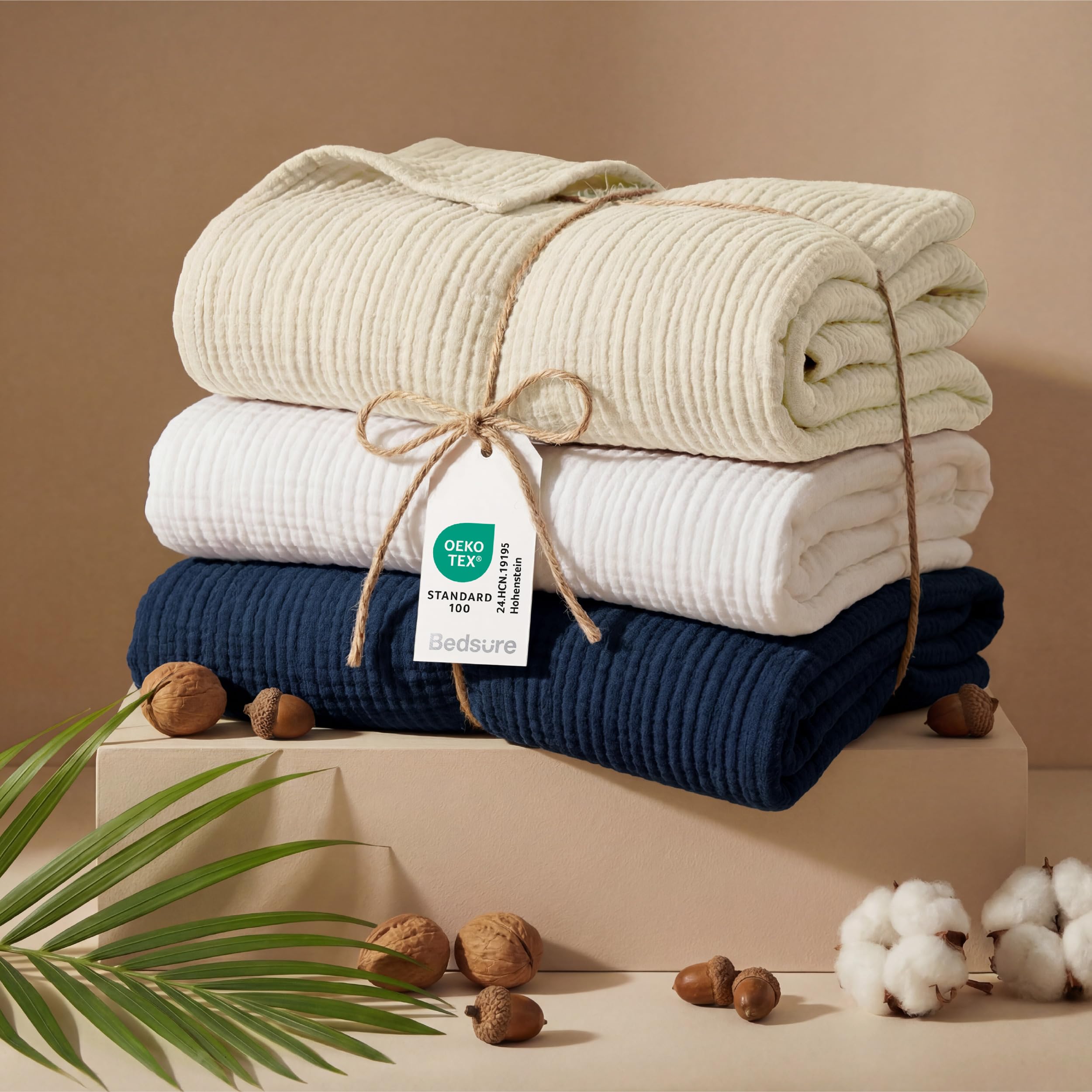 Bedsure muslin blanket features textured stitching enhancing casual bedroom decor