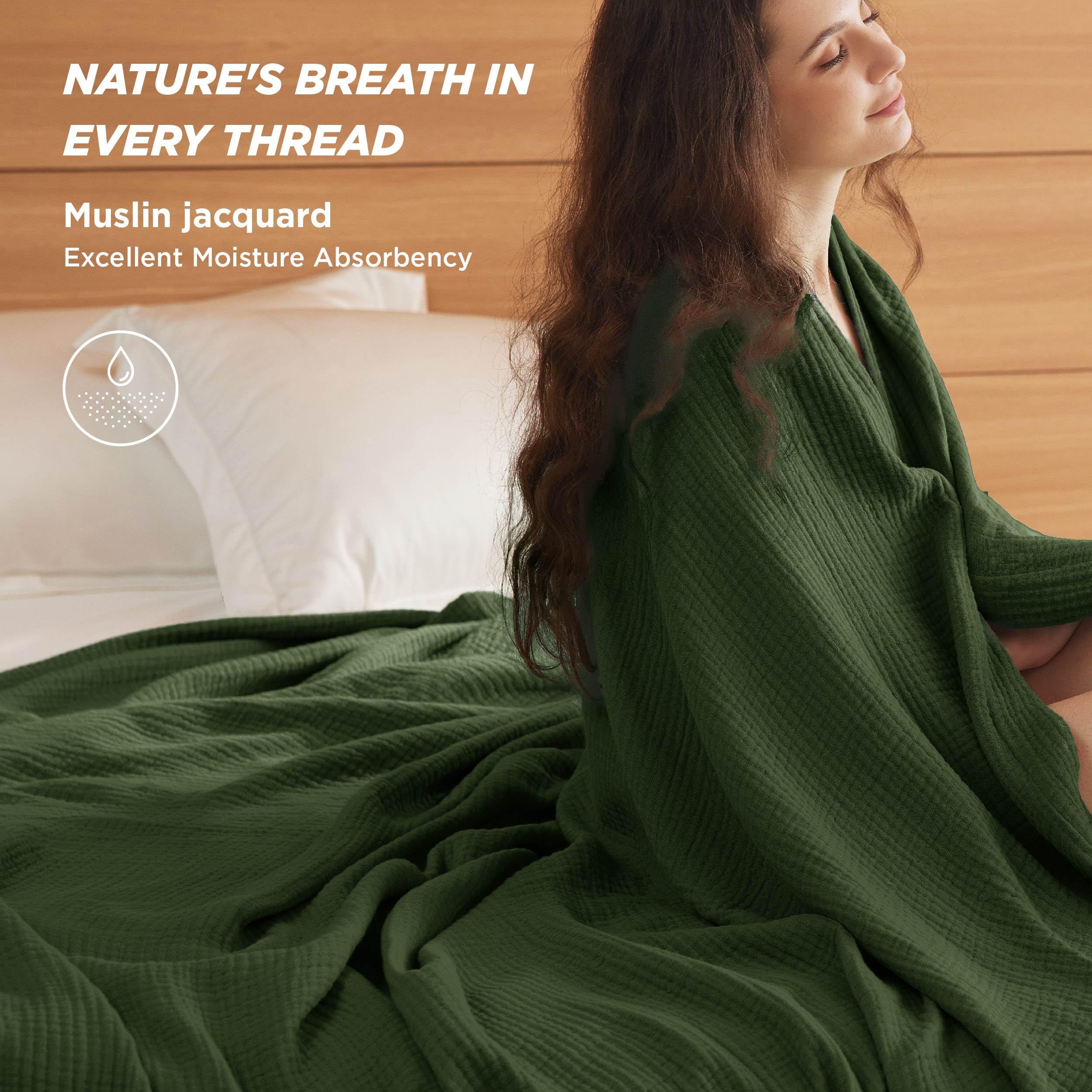 Bedsure muslin throw blanket close-up shows four-layer weave for durability and breathability