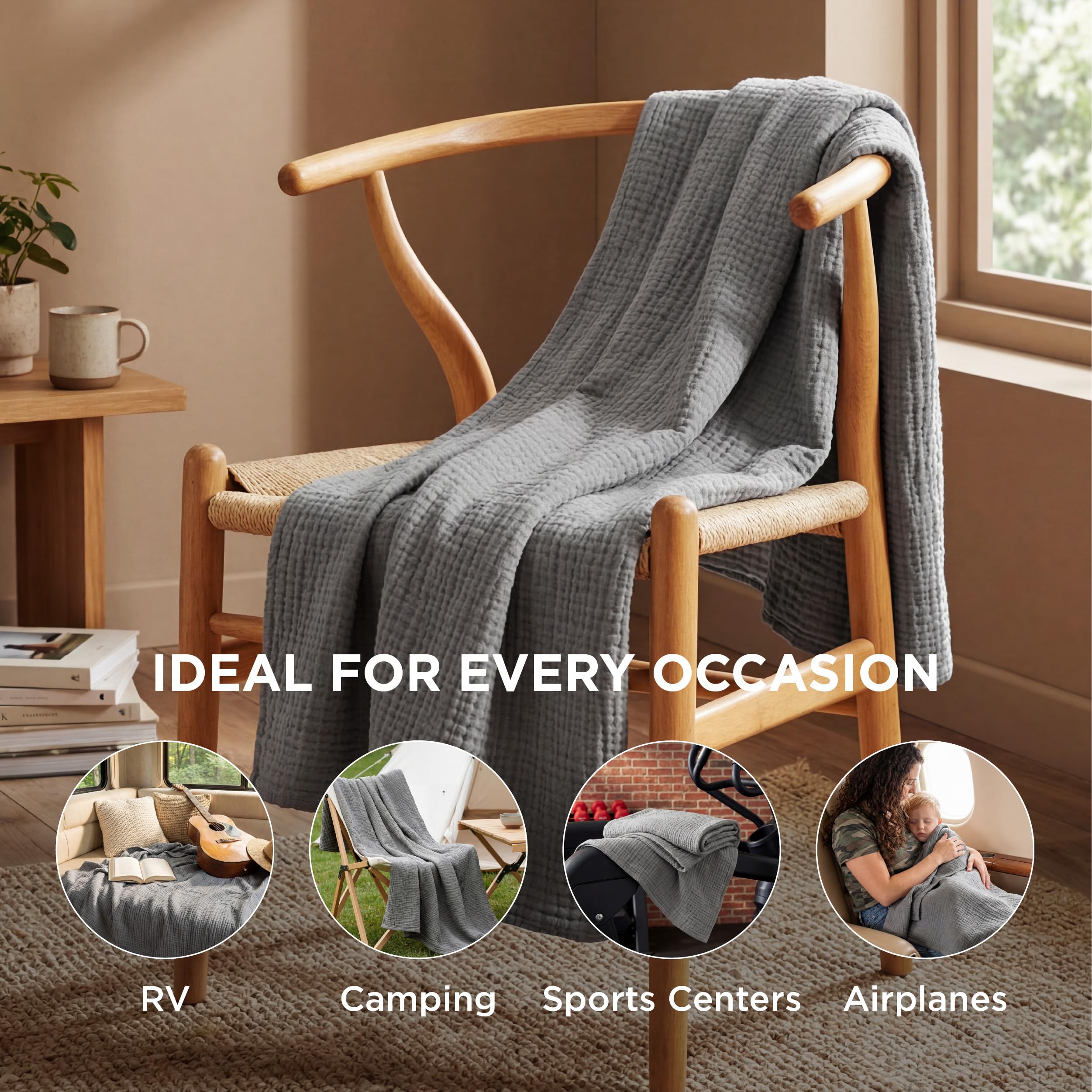 Bedsure skin-friendly cotton muslin throw promotes gentle comfort.