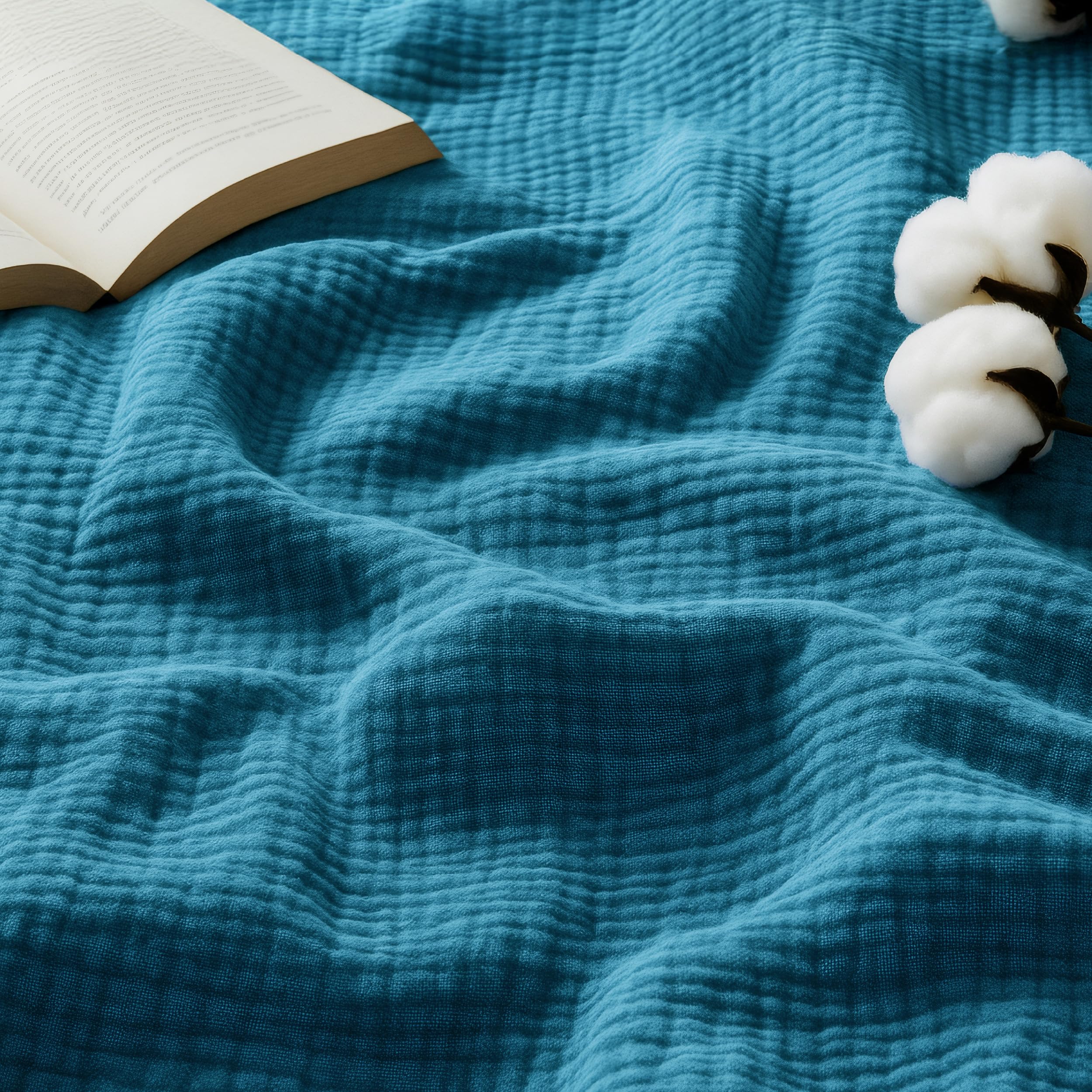 Bedsure muslin throw teal, front view, breathable comfort for the couch.