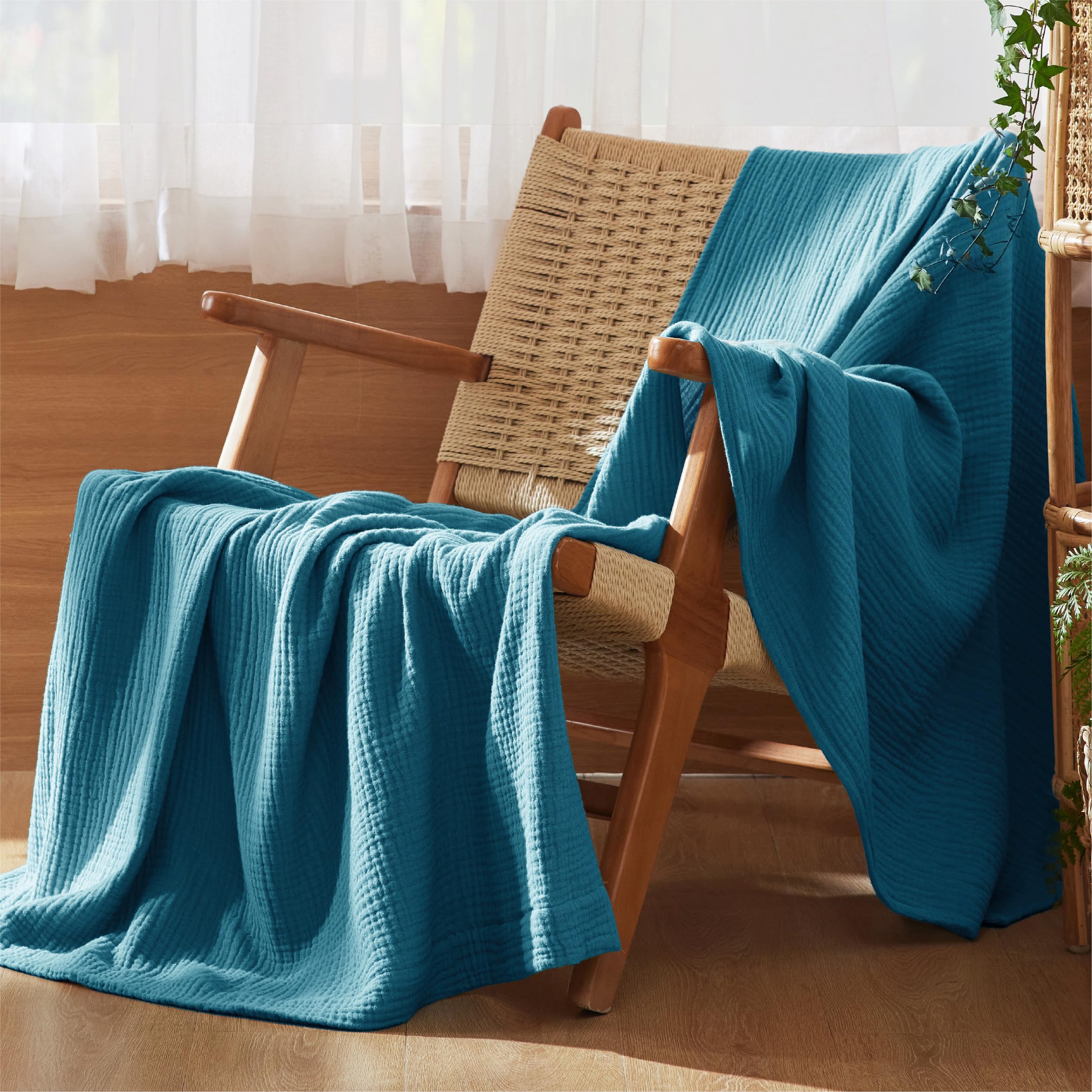 Bedsure muslin throw teal weave, lightweight and breathable for summer nights.