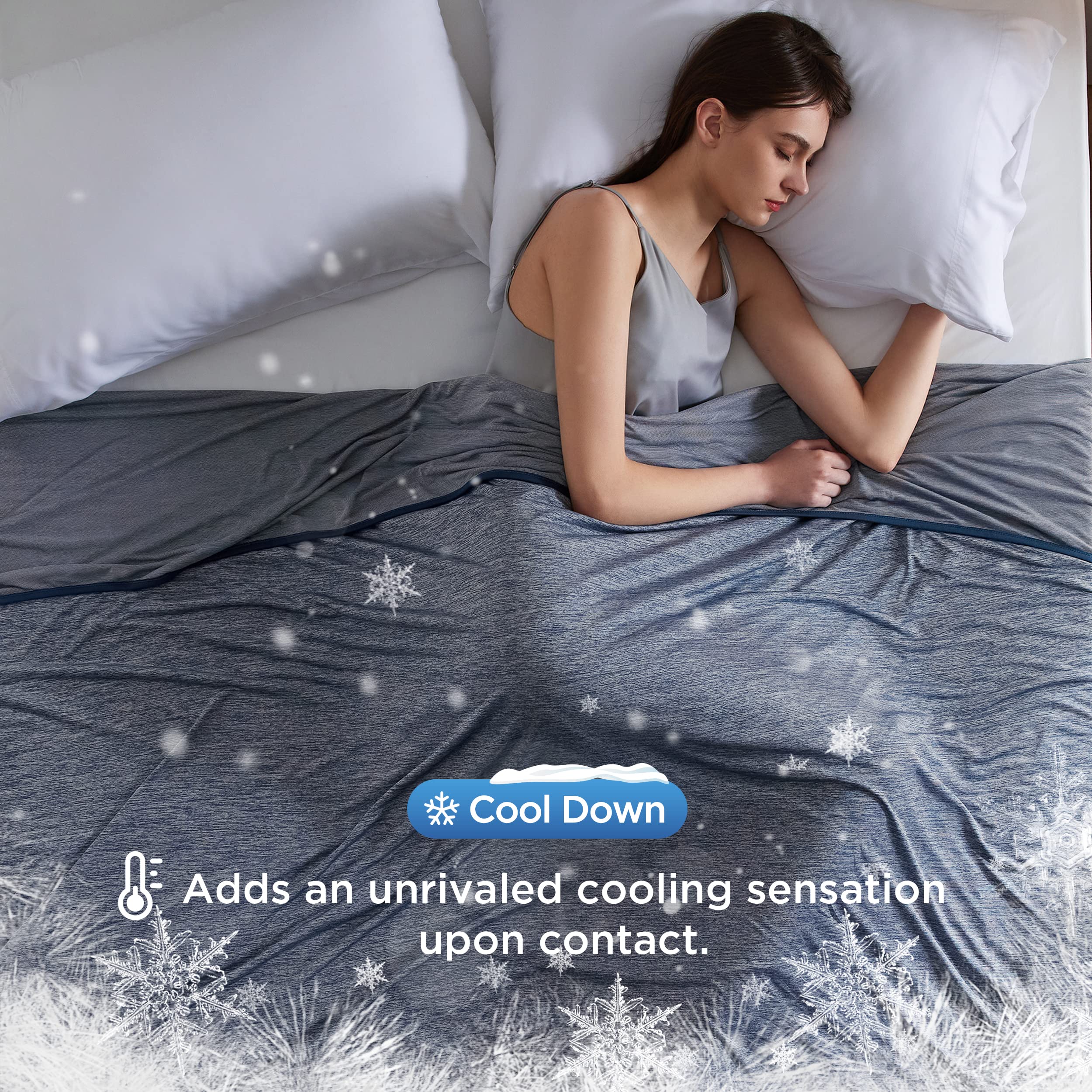 Bedsure navy blue cooling blanket folded for compact storage and travel.