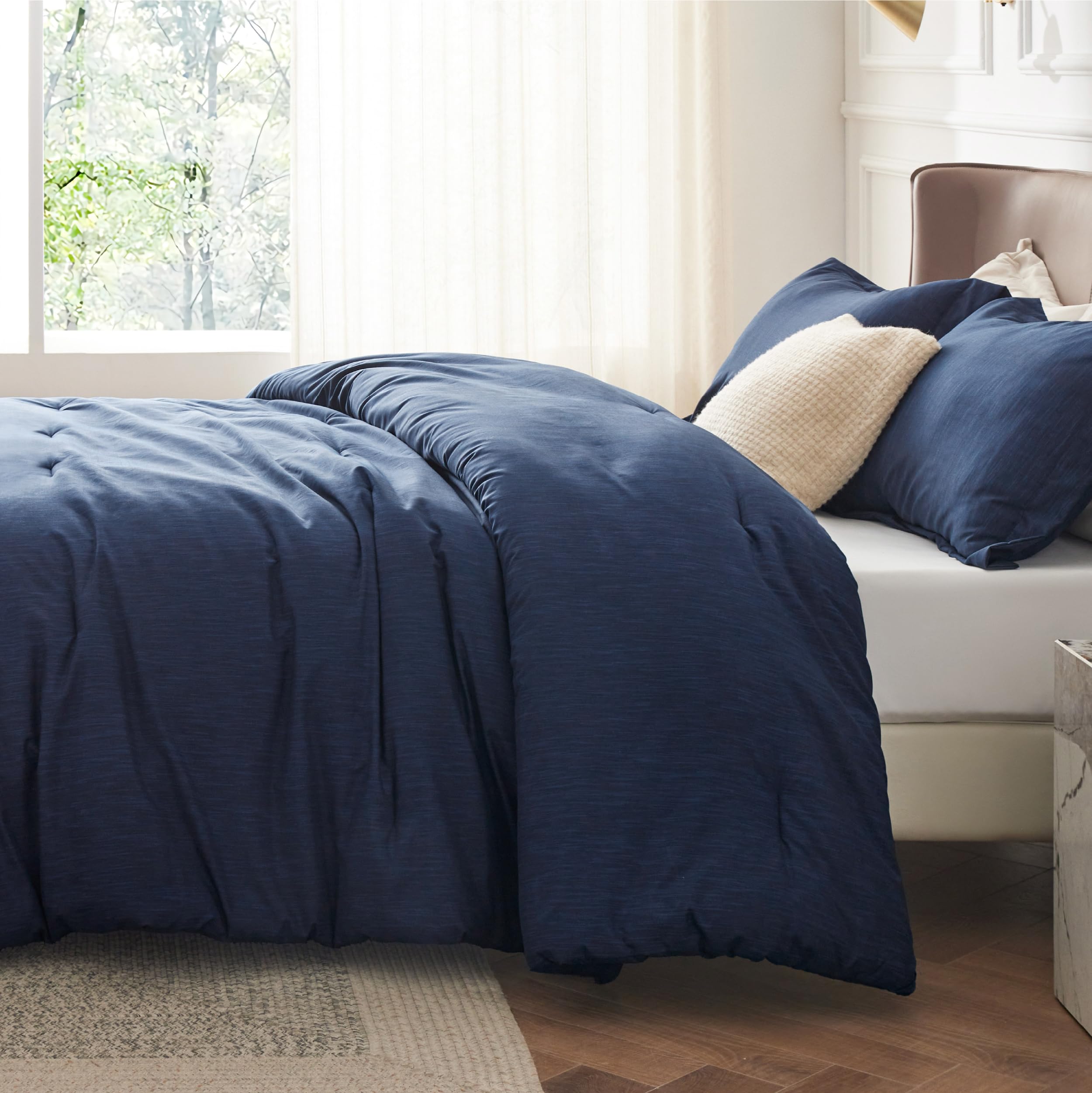 Bedsure navy blue queen comforter fabric closeup showing microfiber texture