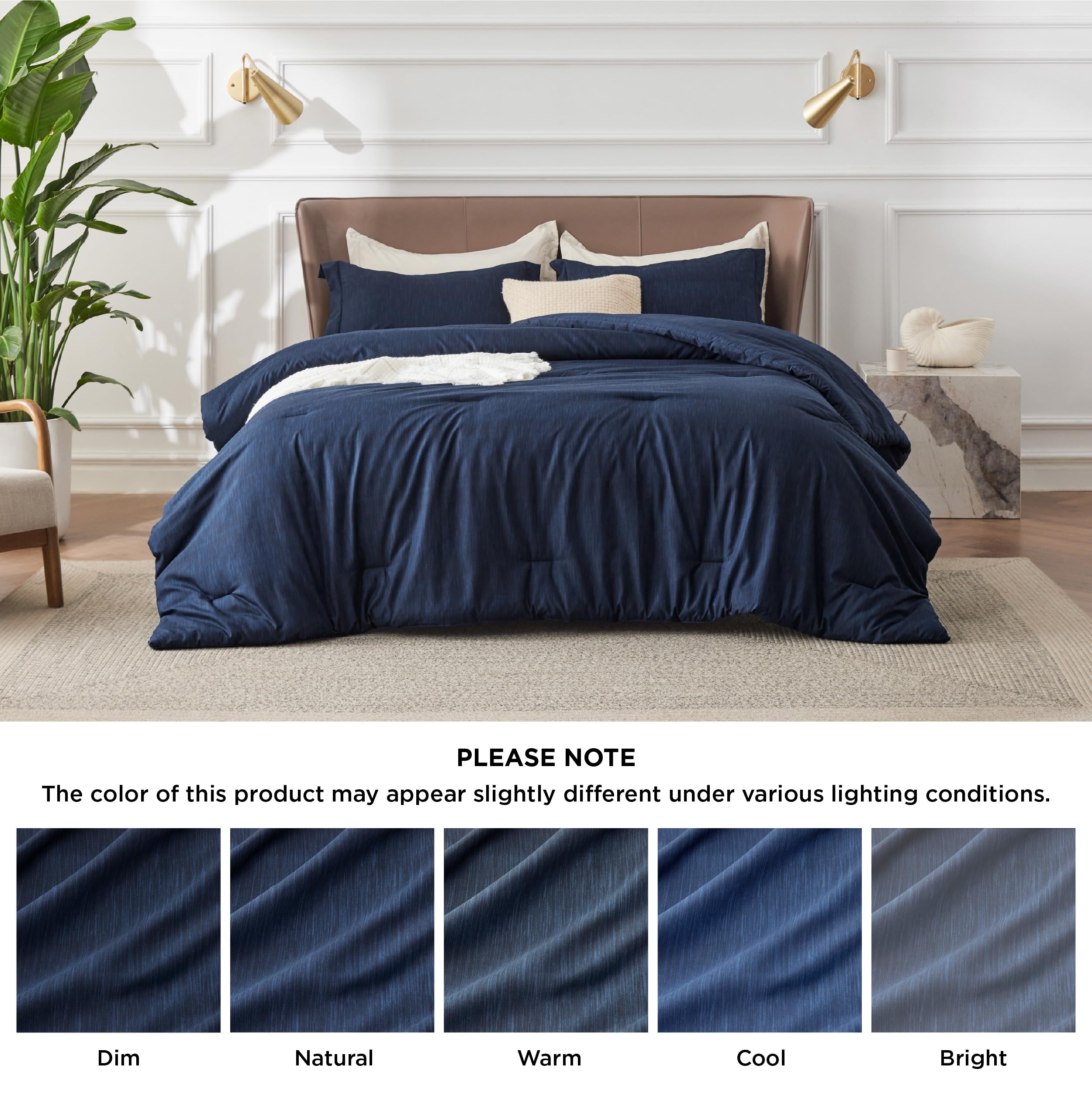 Bedsure navy blue queen comforter on bed demonstrates complete 3 piece set