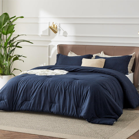 Bedsure navy blue queen comforter versatility across bed setups