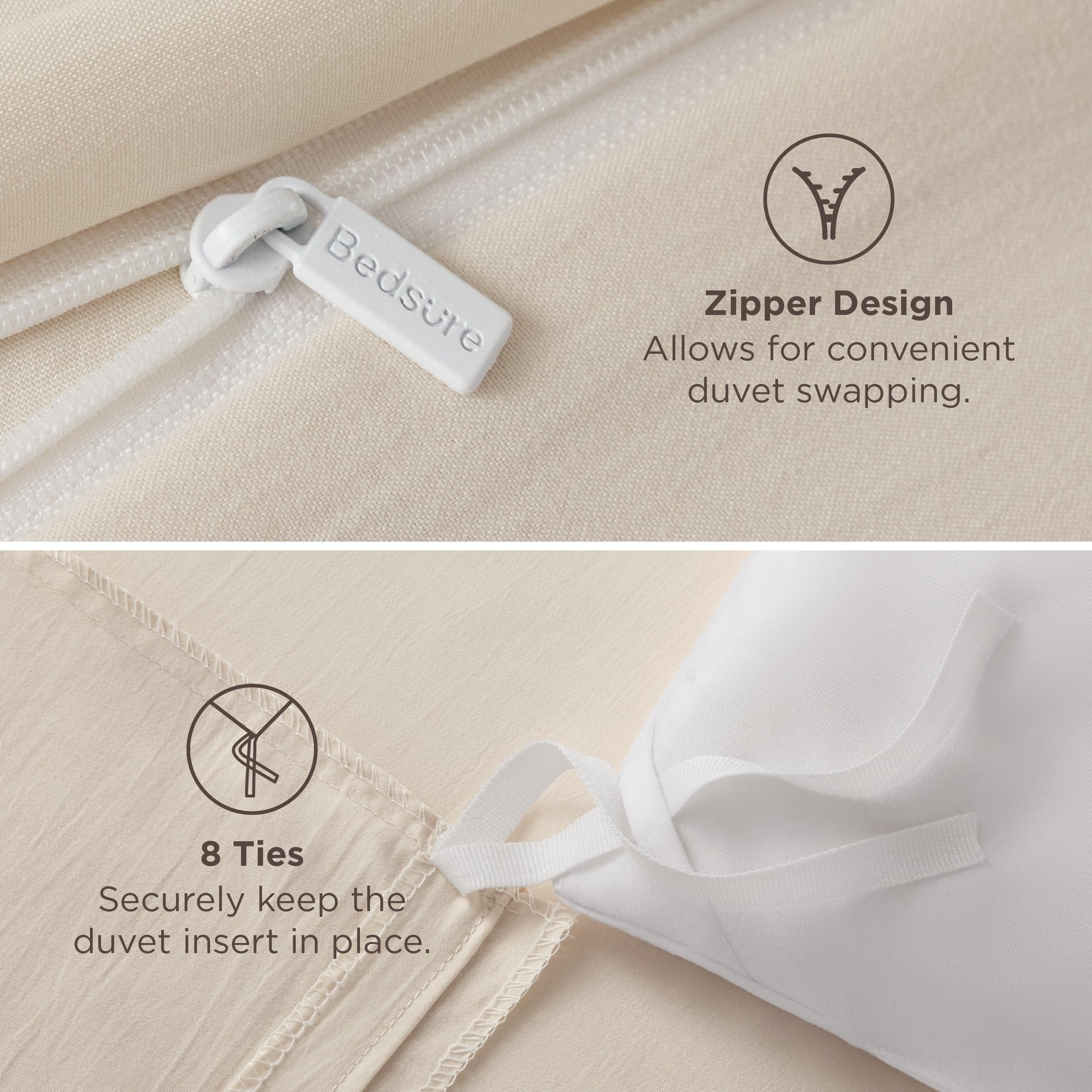 Bedsure Oat Milk eight corner ties keep the duvet evenly distributed for a neat bed.