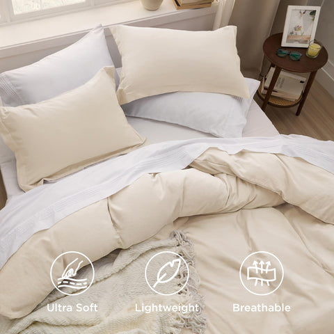 Bedsure Oat Milk fabric texture closeup reveals breathable, quiet bedding for nightly use.