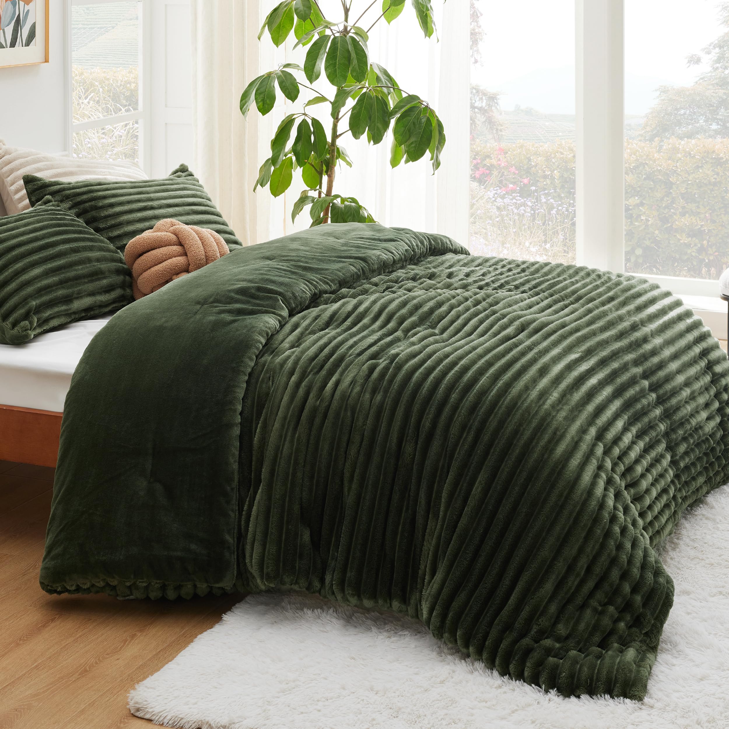 Bedsure olive green double-side fleece comforter shows versatile, cozy warmth.