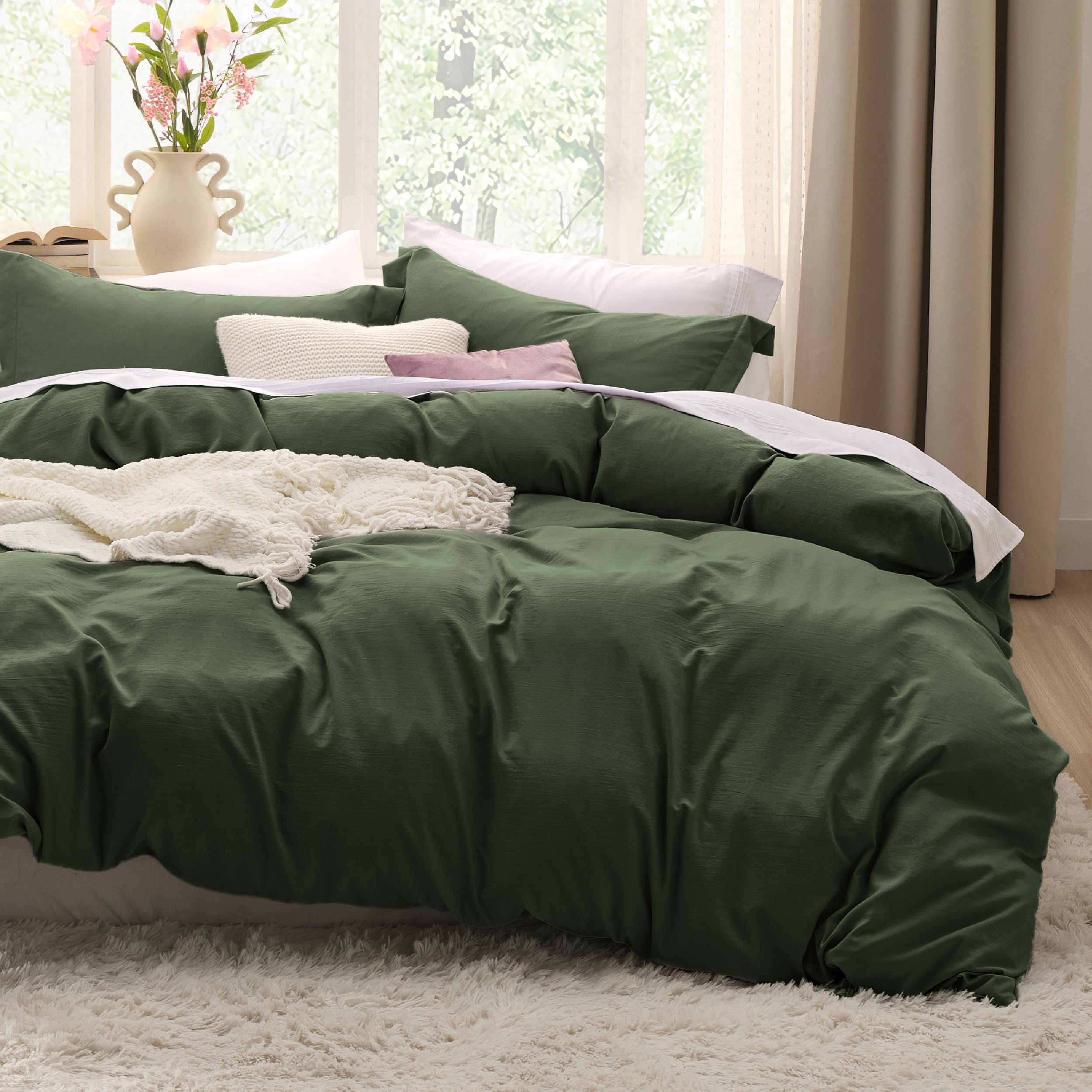 Bedsure olive green duvet cover king on bed shows soft breathable microfiber fabric