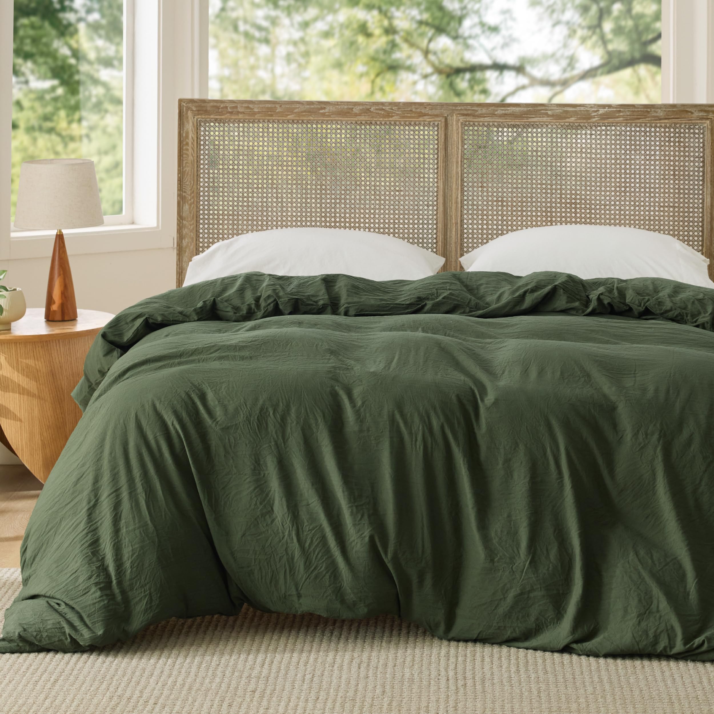 Bedsure olive green duvet cover close-up highlighting smooth fabric and premium feel