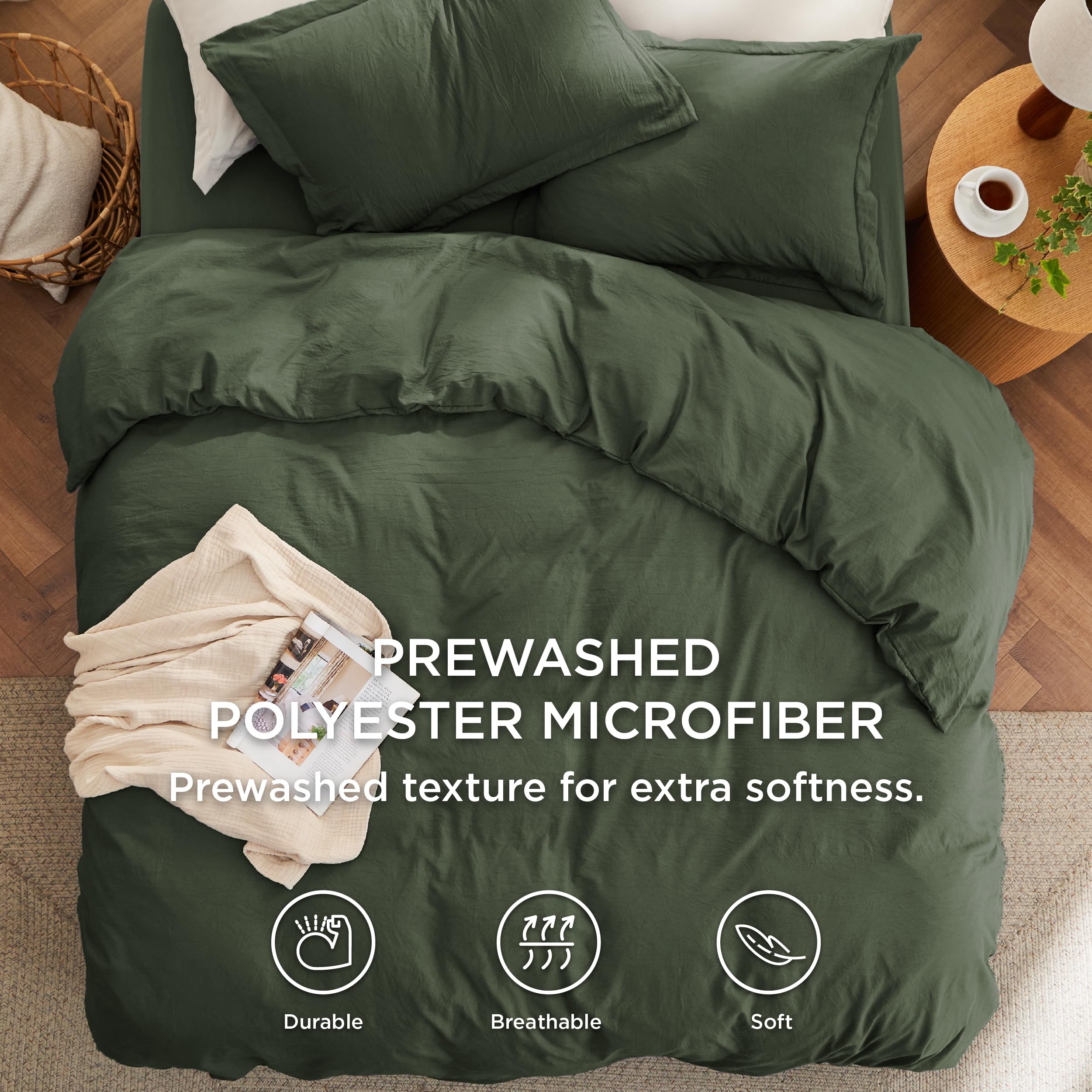 Bedsure olive-green pillow shams coordinate bedding with easy care.