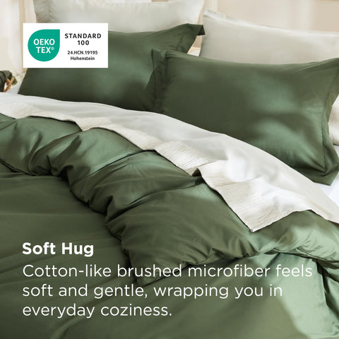 Bedsure olive green pillow shams pair with the duvet for a coordinated look.