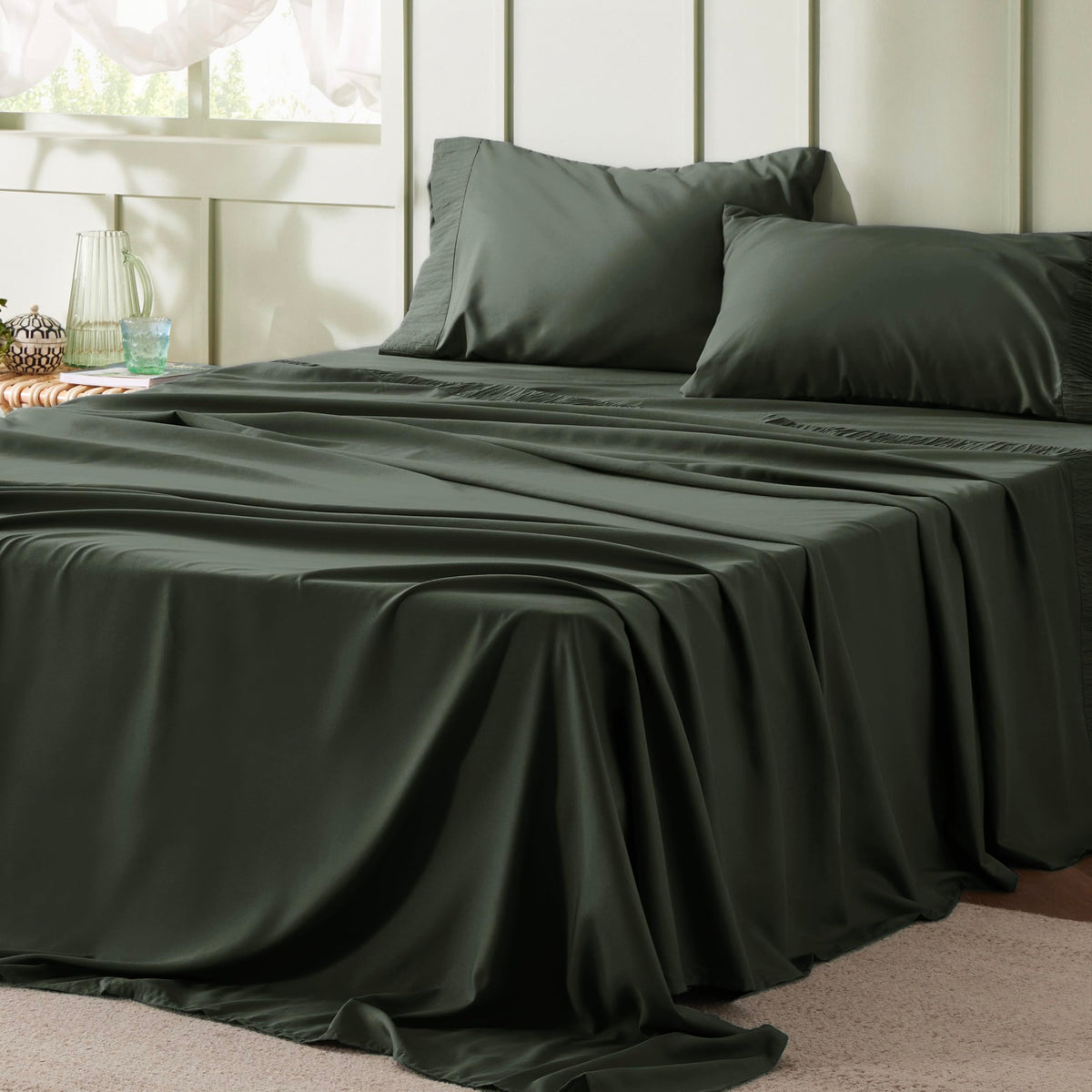 Bedsure olive-green queen sheet set on bed for hotel-style comfort