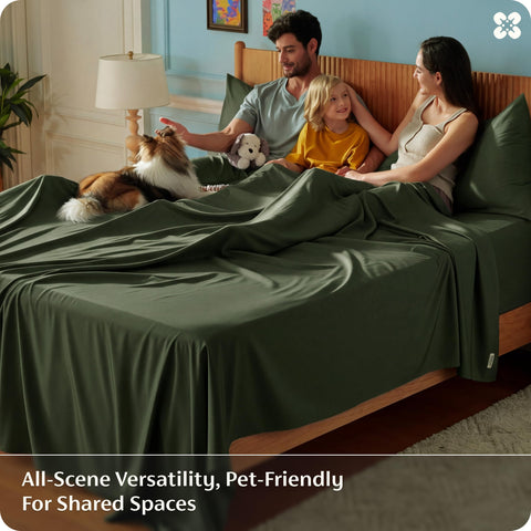 Bedsure olive-green sheets color block adds calming bedroom style.