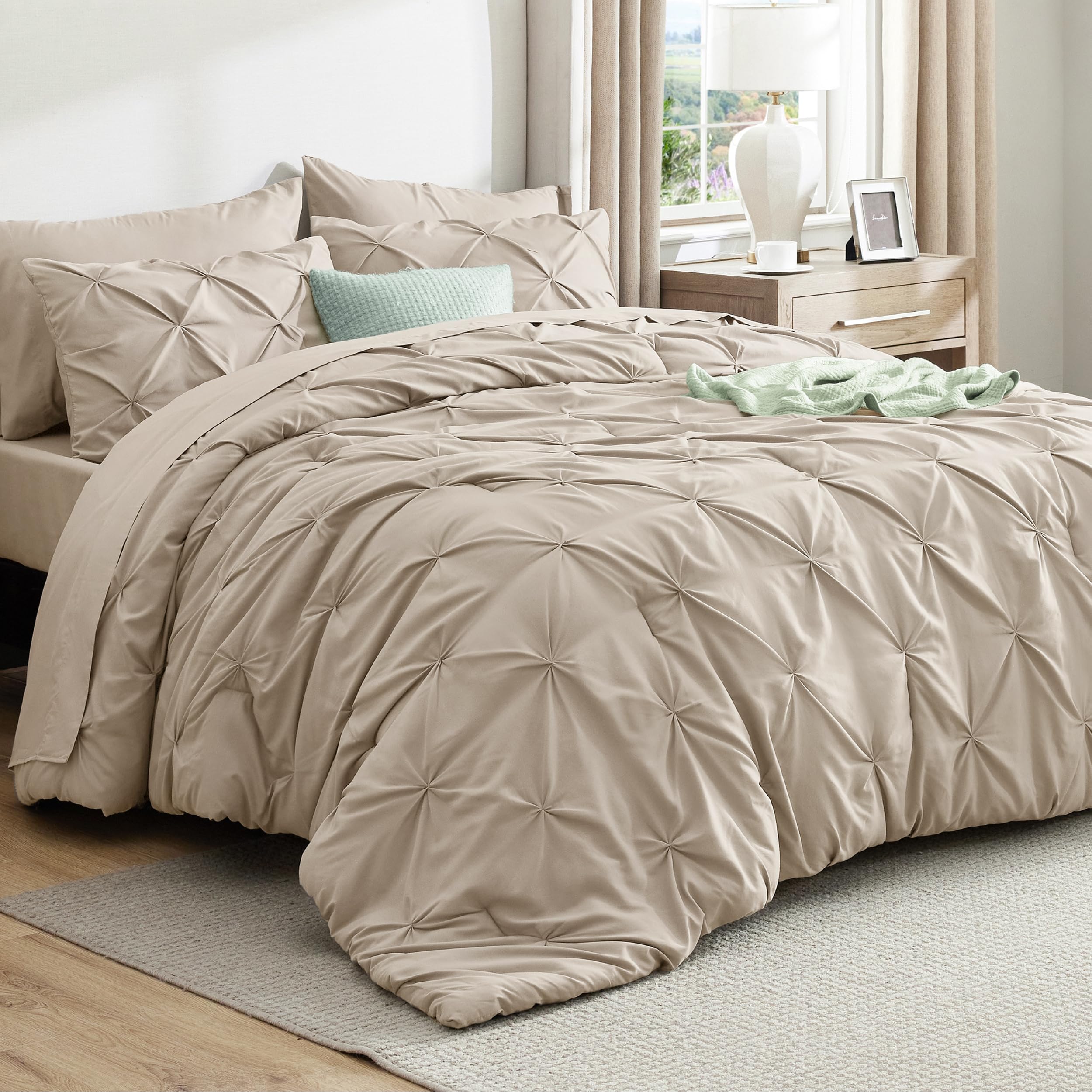 Bedsure oversized king comforter in beige with ultra-soft brushed microfiber.