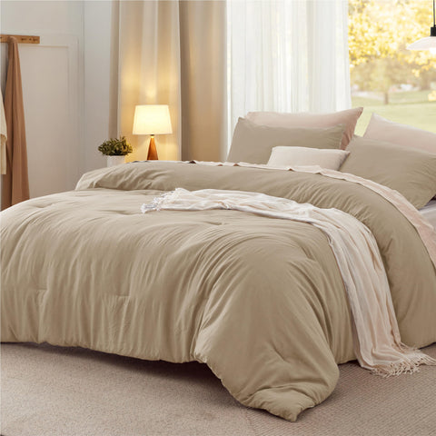 Bedsure oversized king comforter in khaki offers all-season warmth and softness.