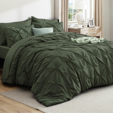 Bedsure oversized king olive green comforter set on a bed for plush warmth.