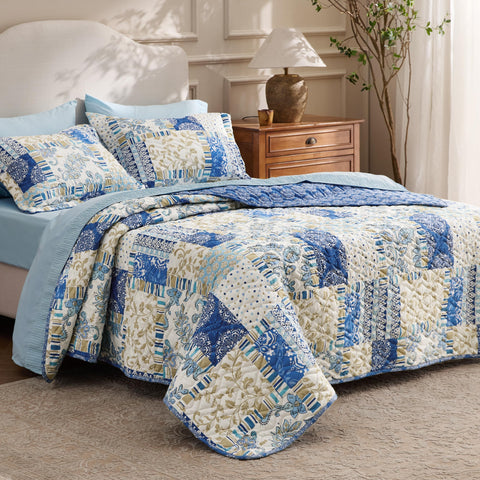 Bedsure patchwork quilt queen reverse side showcases neutral tones for a quick room refresh.