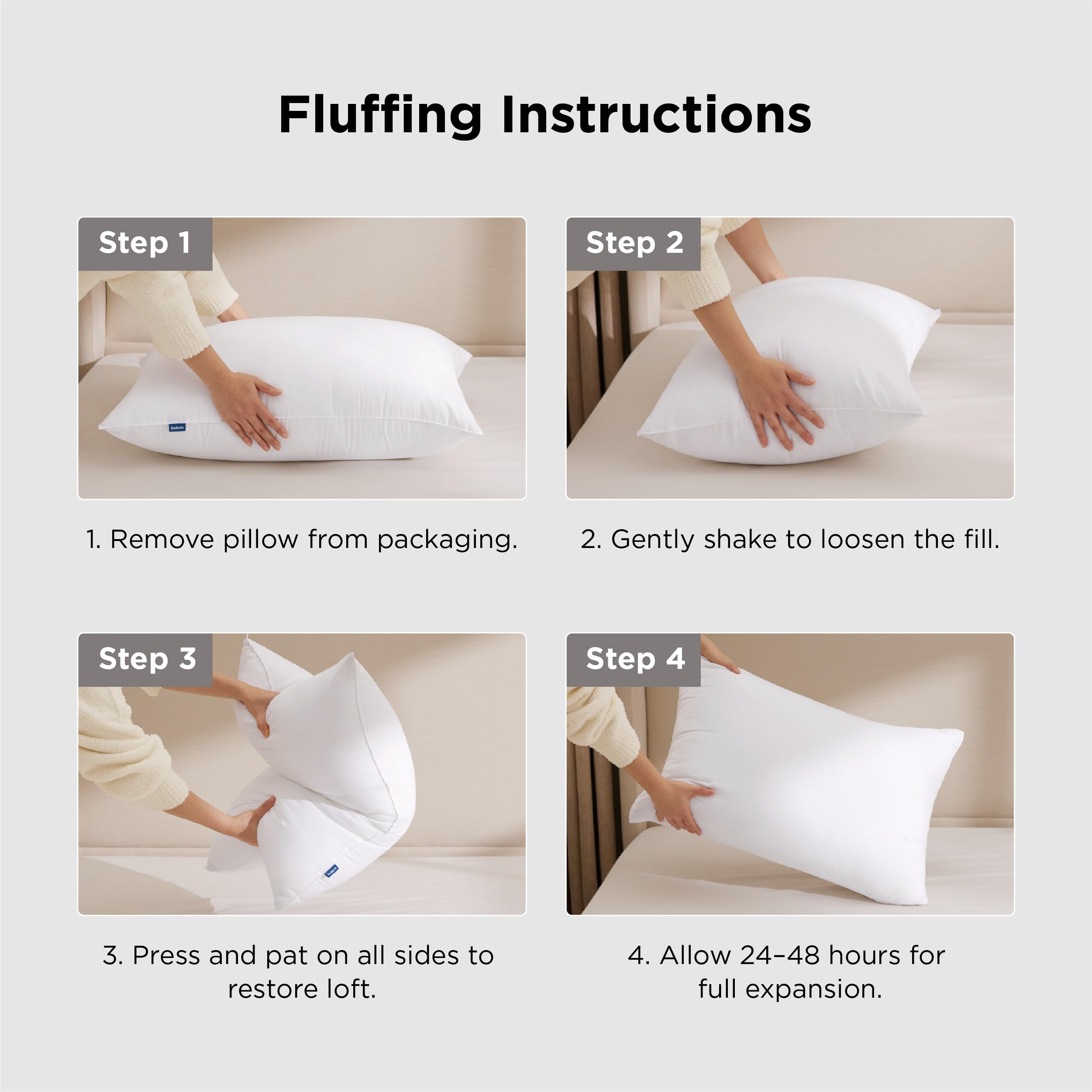 Bedsure 26x19 inch size fits standard beds and setups.