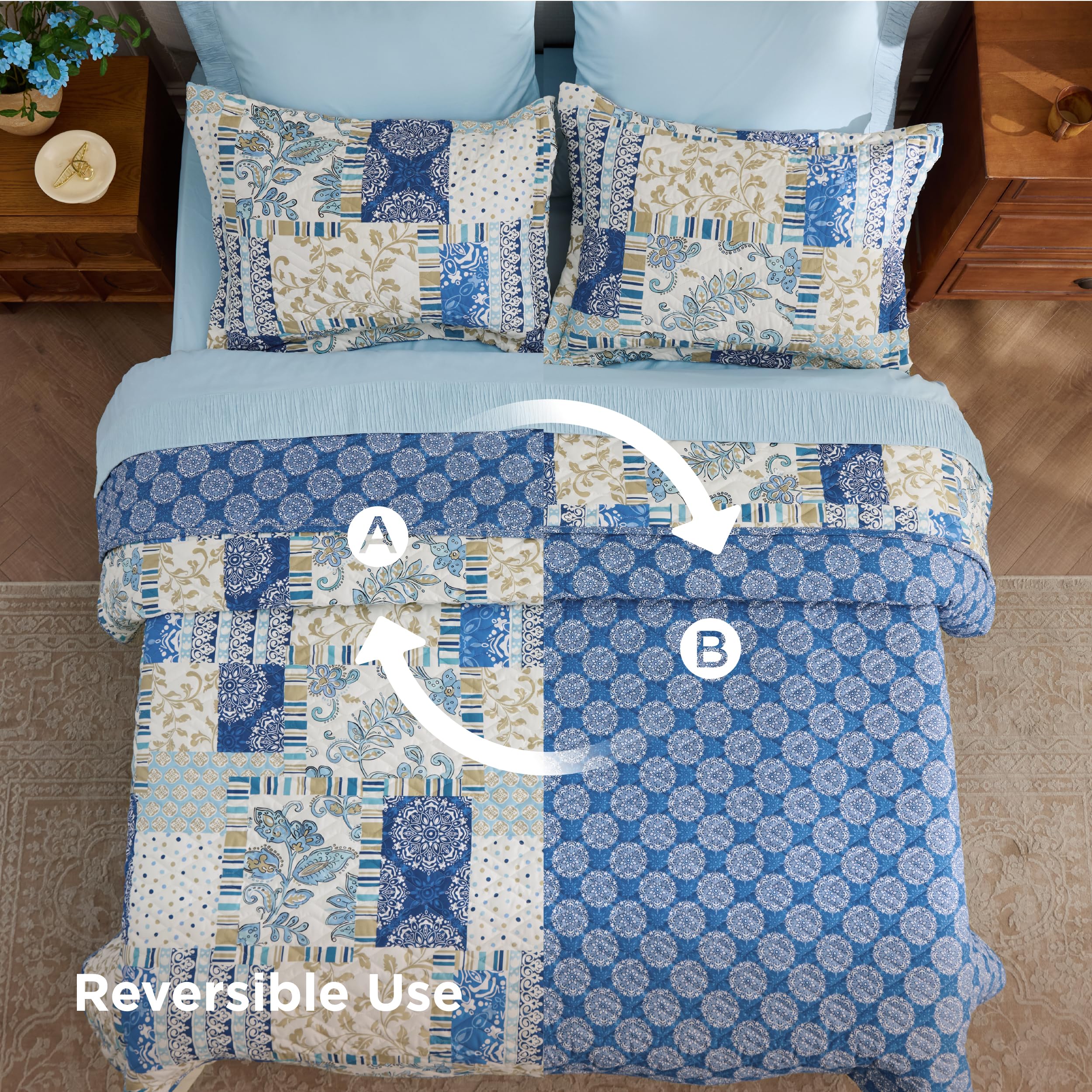 Bedsure patchwork quilt queen set includes two 20x26 inch pillow shams for a cohesive look.