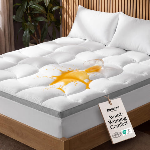 Bedsure pillow top topper queen with waterproof layer protects against spills