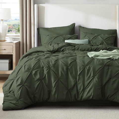 Bedsure pinch-pleat olive green bedding shows elegant texture and structure.