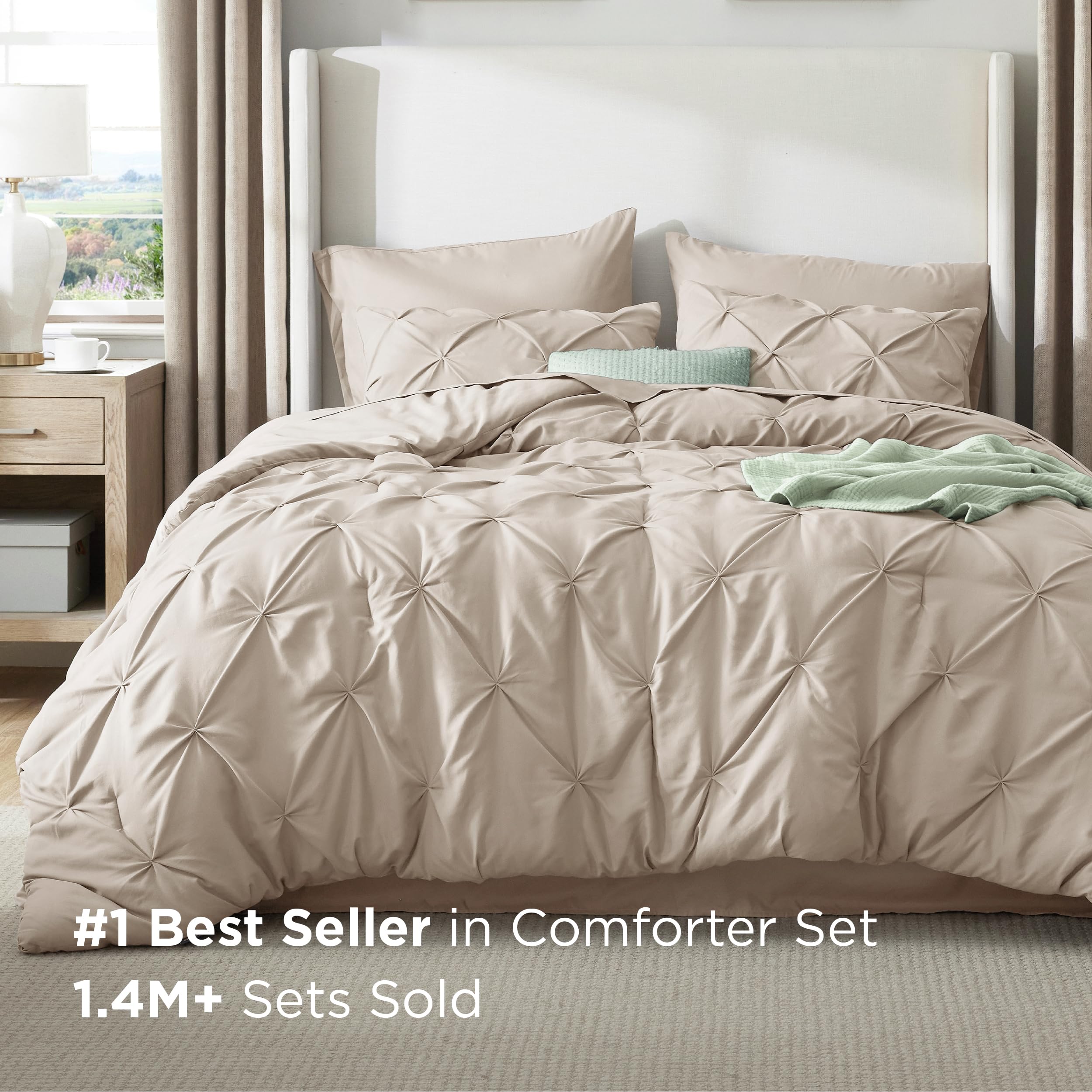 Bedsure beige bedding highlights pinch pleat geometric pattern for a luxe look.