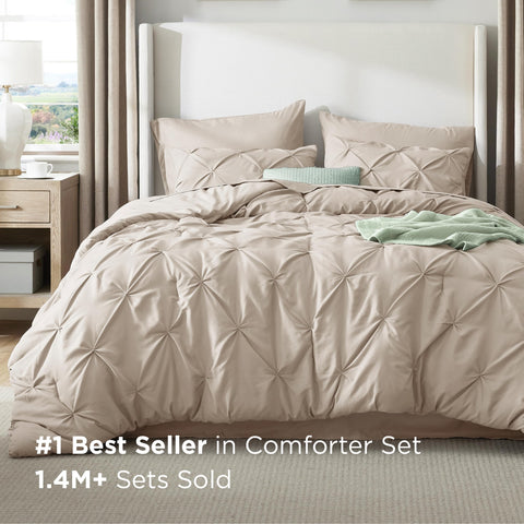 Bedsure beige bedding highlights pinch pleat geometric pattern for a luxe look.