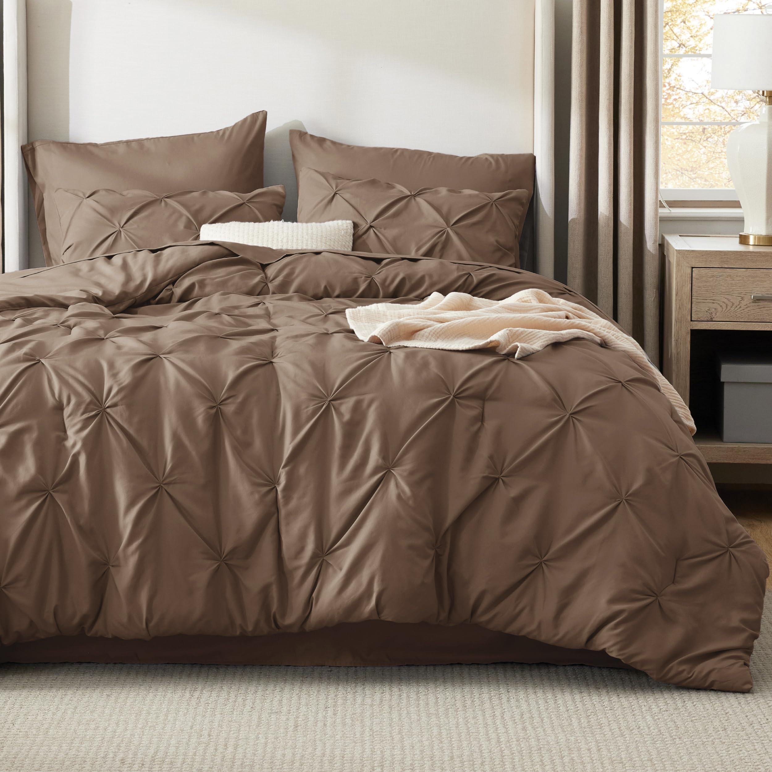 Bedsure pinch-pleat brown close-up highlights textured fabric and elegant drape.