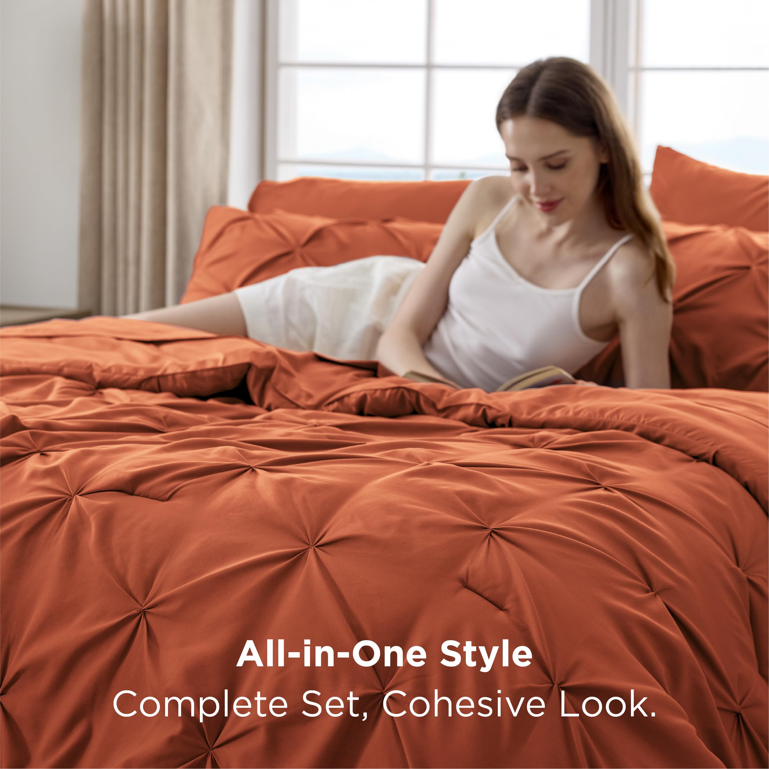 Bedsure pinch pleat design adds texture to the burnt orange bed set