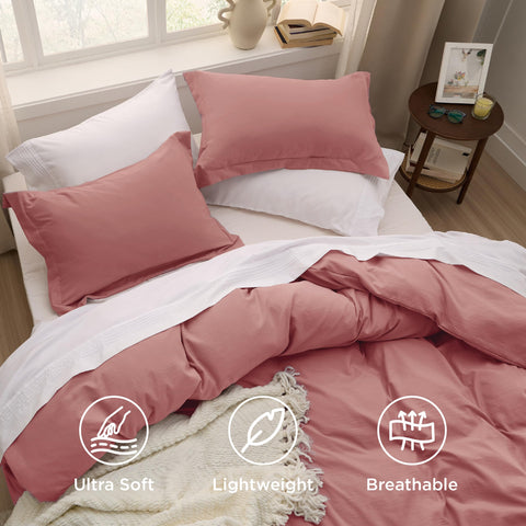 Bedsure pink clay duvet with eight corner ties keeps the insert in place for even loft.