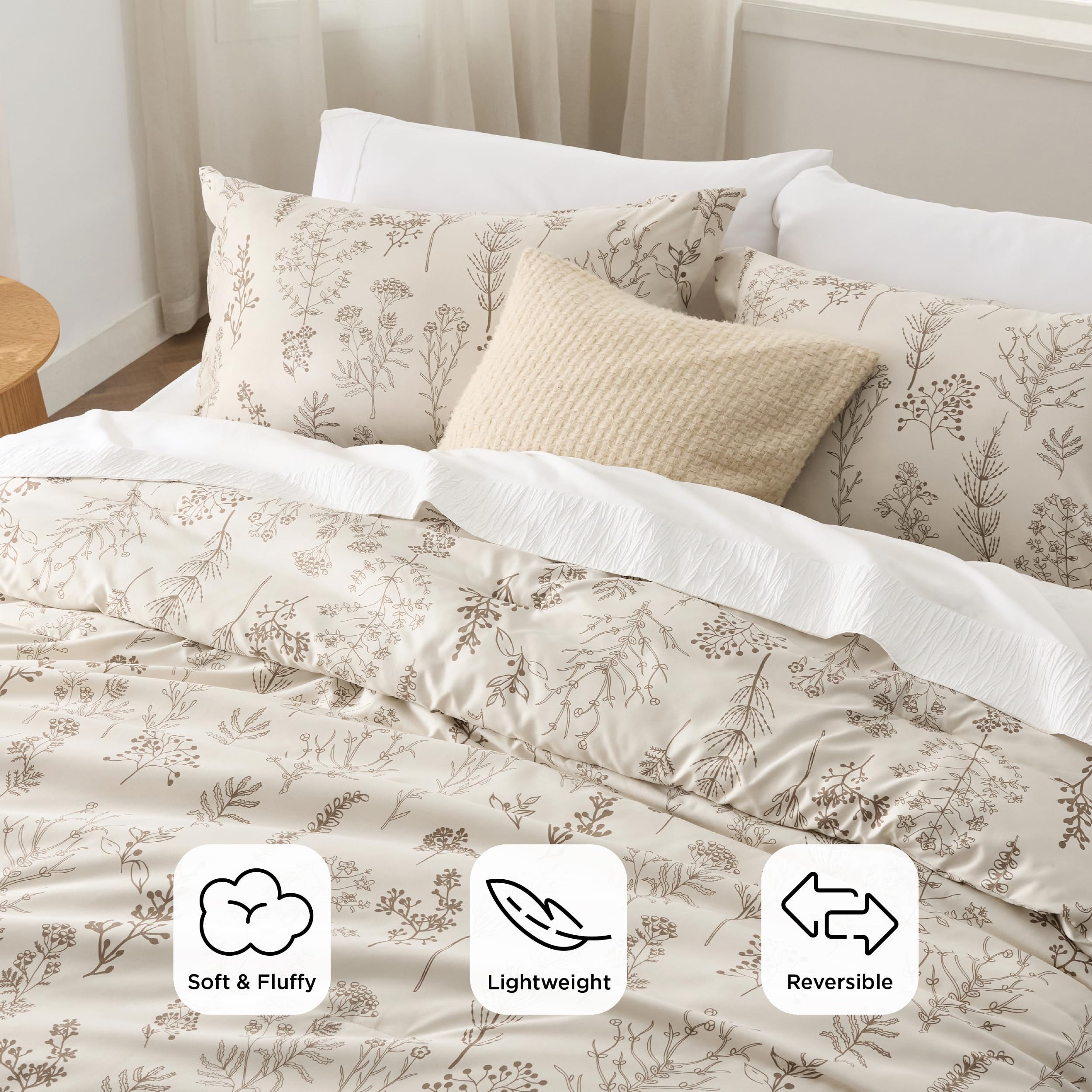Bedsure queen comforter 90 by 90 in beige tone on bed