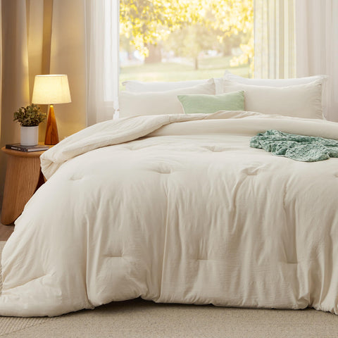 Bedsure queen comforter on bed shows cream color and all-season styling