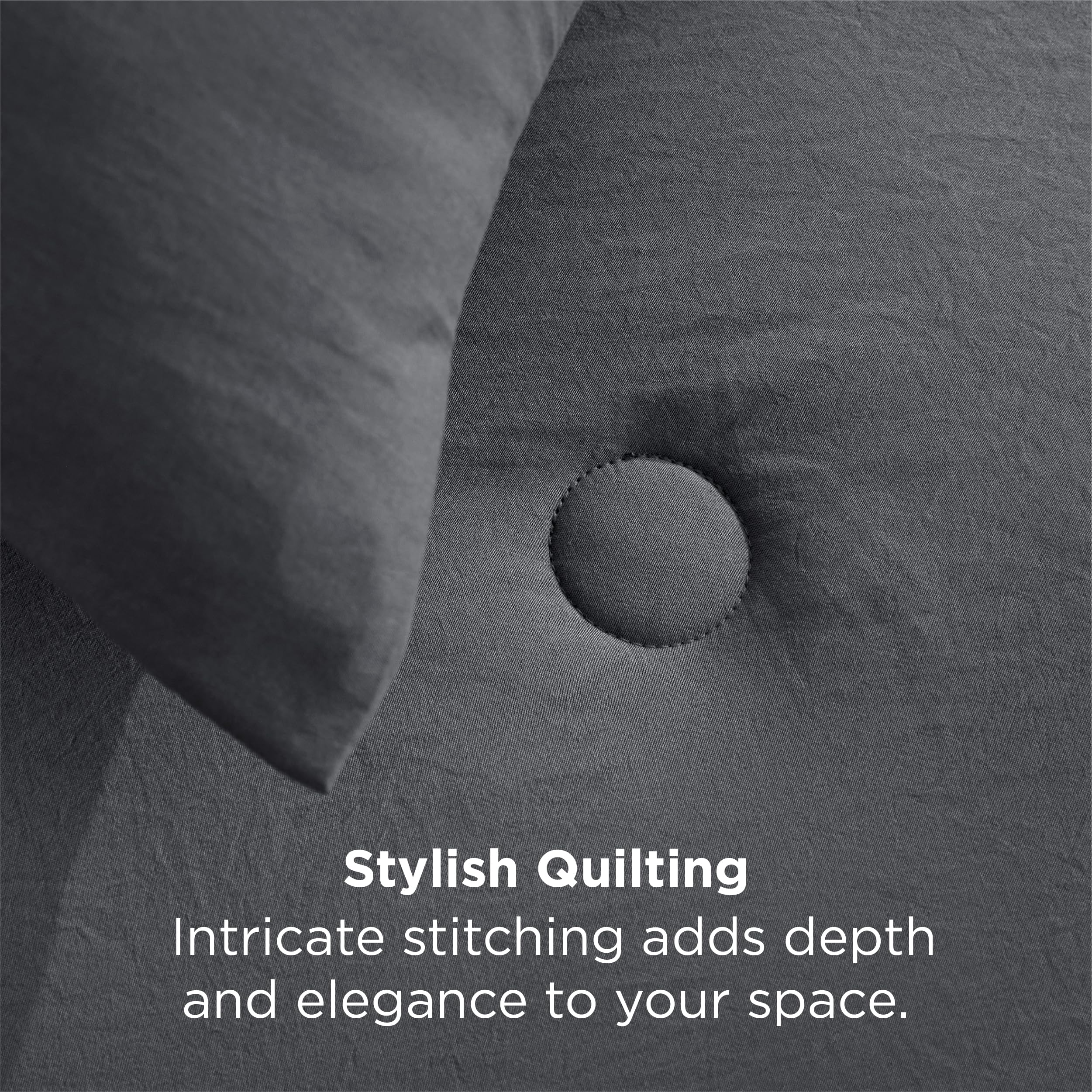 Queen bed setup with Bedsure comforter and matching shams in dark grey