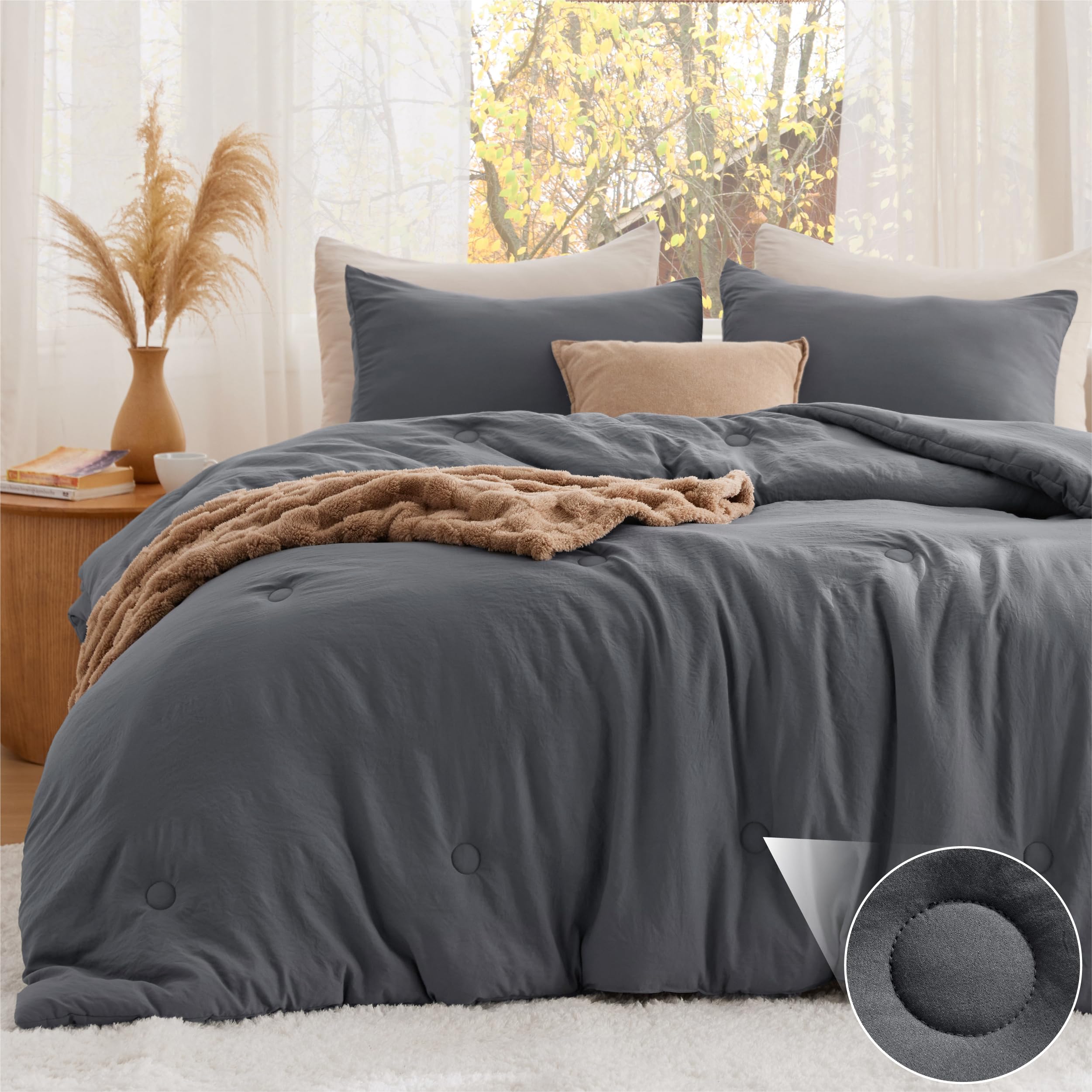 Bedsure queen comforter dark grey, packaged for gifting and display