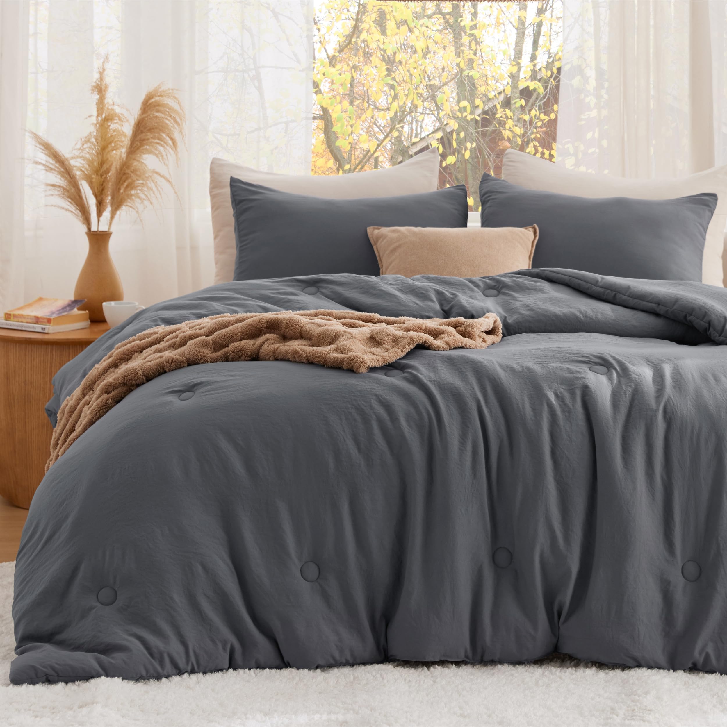 Cozy Bedsure warmth in bed with dark grey comforter for all-season use