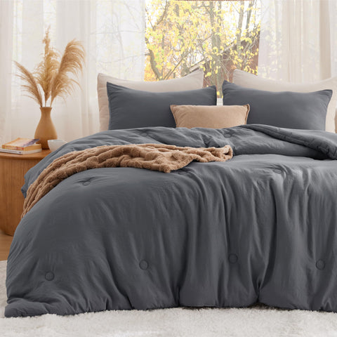 Cozy Bedsure warmth in bed with dark grey comforter for all-season use