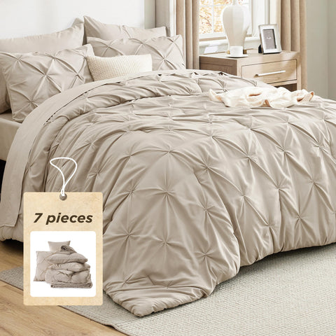 Bedsure queen comforter set with pintuck beige finish adds refined texture.
