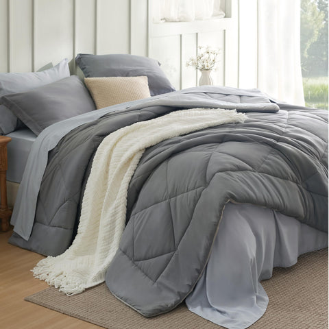Bedsure queen comforter set 7-piece pack offers plush warmth for all-season coziness.