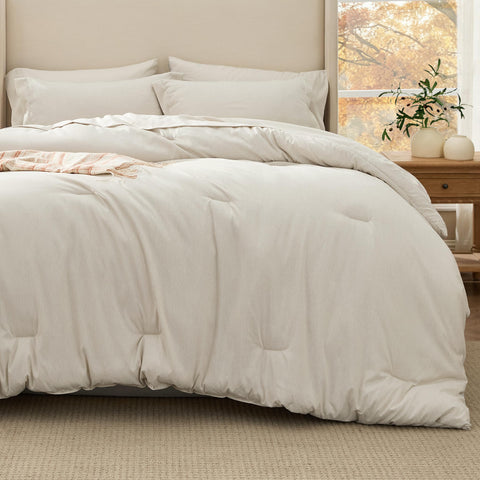 Bedsure beige bedding in cozy bedroom scene for calm sleep ambience