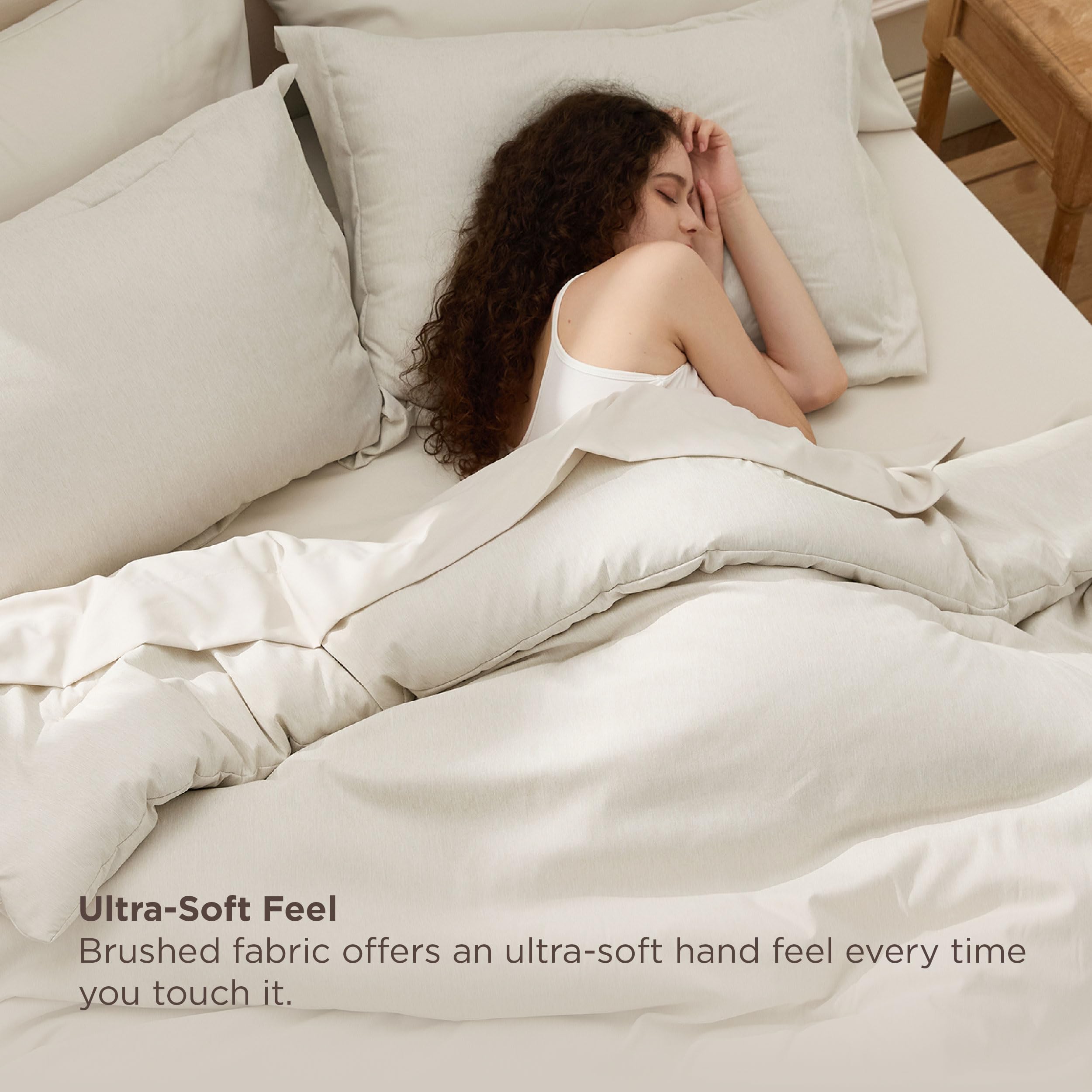 Bedsure beige flat sheet detail highlights soft microfiber texture for restful nights