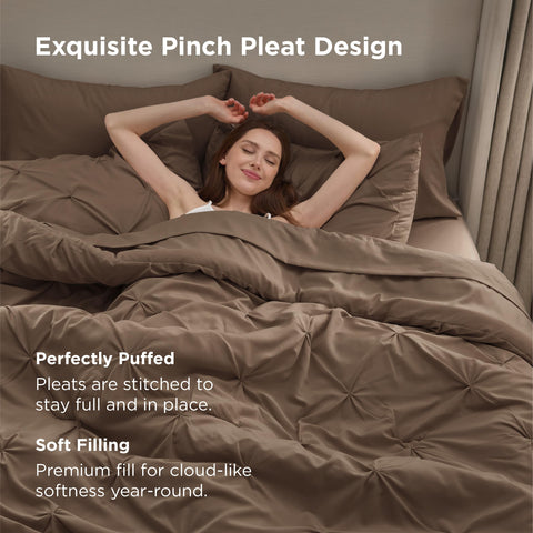 Bedsure brown pillow shams show pinch-pleat detail for elegant texture.