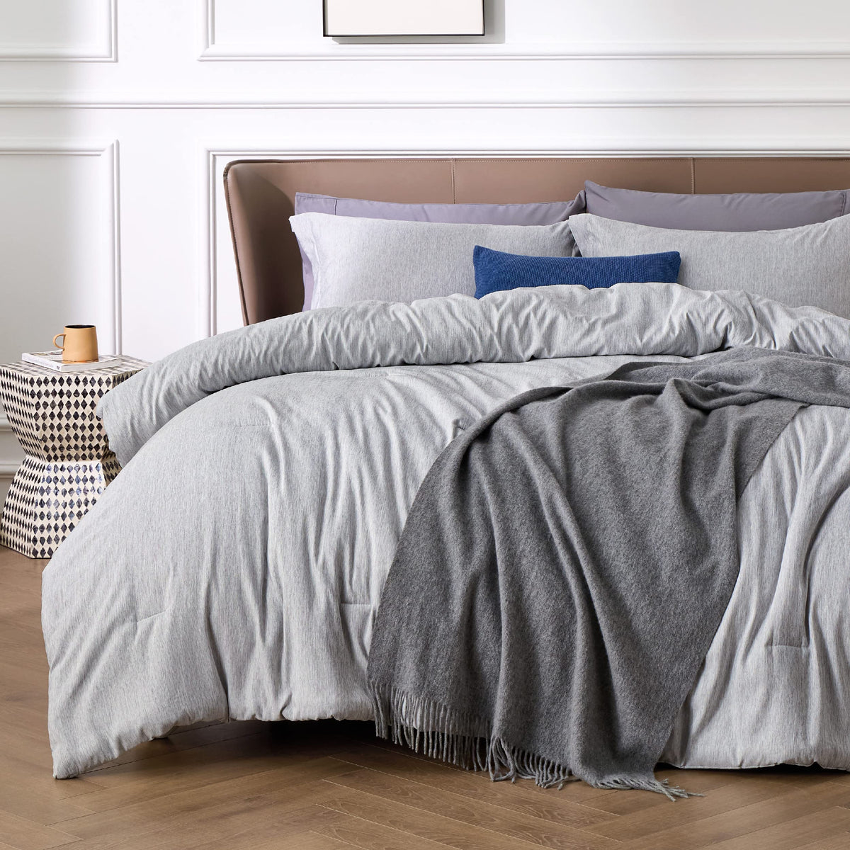 Bedsure queen comforter set in grey with soft brushed microfiber for year-round comfort.