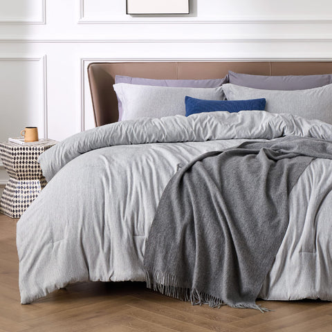 Bedsure queen comforter set in grey with soft brushed microfiber for year-round comfort.