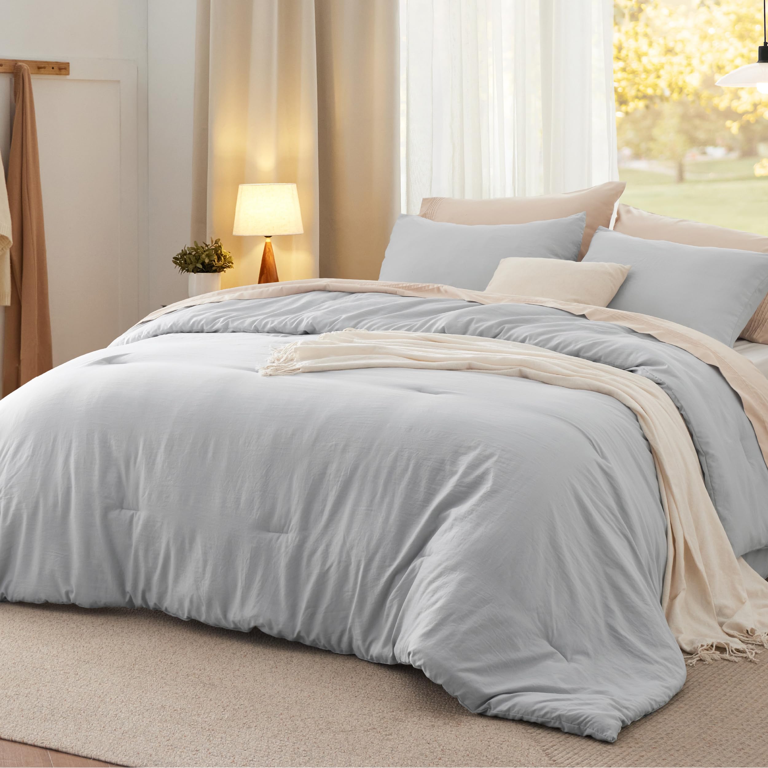 Bedsure queen comforter set in light grey with a soft, plush feel.
