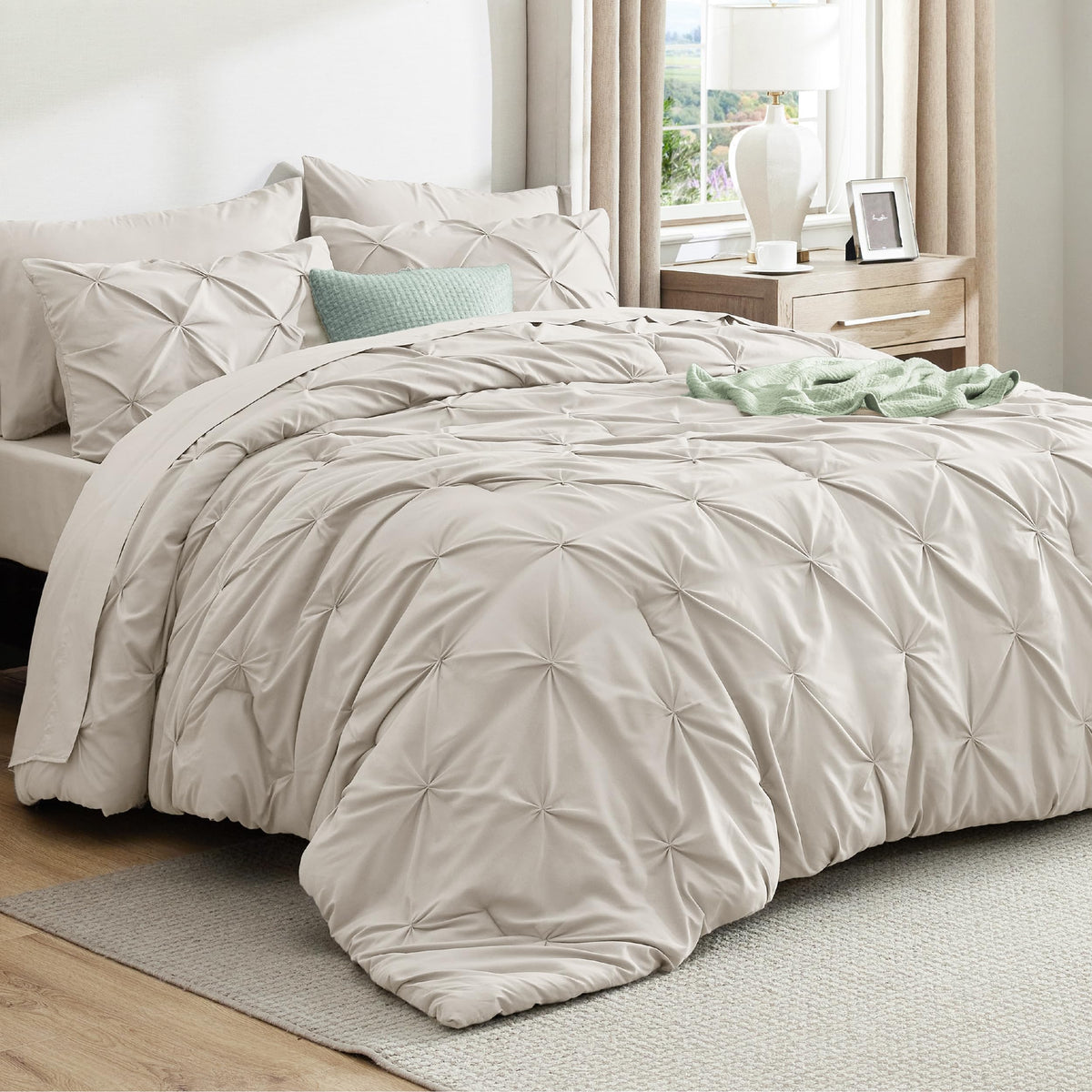 Bedsure queen comforter set with pinch pleat design enhances bedroom decor